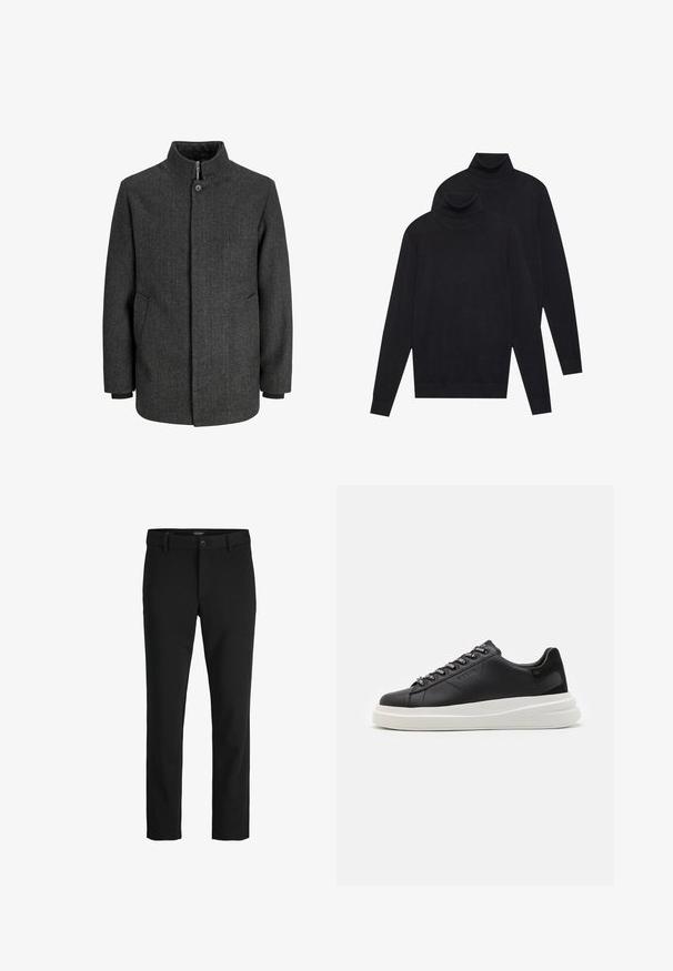 Siv šal s ribjo kostjo z visokim ovratnikom, zadrgo in gumbom za zapiranje, stranskimi žepi in pletenimi manšeti. Teksturna tkanina s klasičnim oblikovanjem.; Dva črna dolgi rokavi puloverja s turtleneck ovratnikom, enostavna pletenina, zložen eden nekoliko za drugim na belem ozadju.; Črne hlače iz gladkega blaga, s klasičnim dizajnom, ravnim krojem, sprednjim gumbom za zapiranje in stranskimi žepi.; Črne usnjene teniske z belim gumijastim podplatom, ki imajo ravne vezalke in blagovno znamko na ošitih luknjah. Mehka tekstura s kontrastnim stranskim poudarkom.