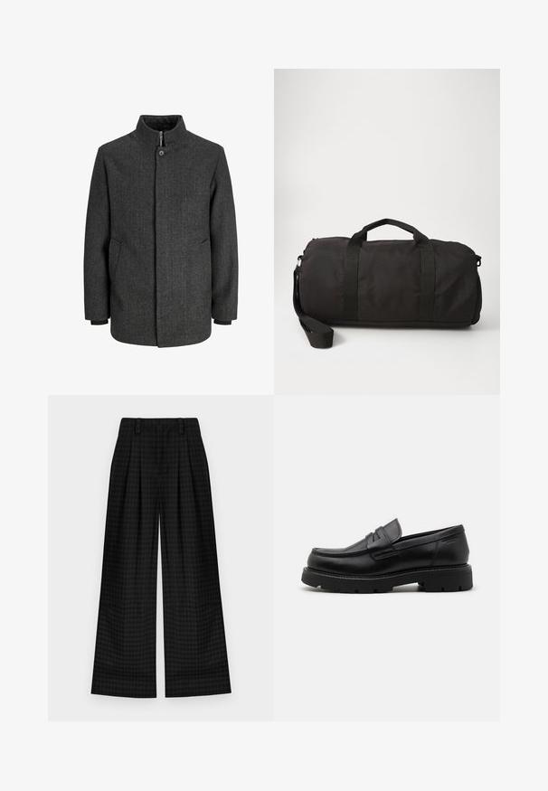 Hallhalli hallhalli mantel kõrge kraega, lukuga ja nupuga kinnitus, küljetaskud ja kudumisääred. Tekstureeritud kangas klassikalise disainiga.; Valge pika varrukaga nööpidega särk, millel on krae ja rinnatasku, esitleb ennast lihtsal heledal taustal.; Mustrite ruudulised laiad püksid, millel on pleidid, sujuva tekstuuri ja klassikaline disain. Kerge kangas mugavuseks.; Musta nahast loafer, millel on ümmargune varvas, tekstiilse accentidega esiküljel ja jäme kummist talla, millel on sooned haarde tagamiseks.; Must mustekott, mis on valmistatud vastupidavast kangast, kahe ülemise sangaga, eemaldatava õlarihmaga ja sujuva, ümar kuju.