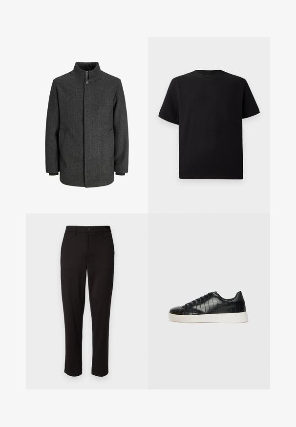 Abrigo gris de espiga con un cuello alto, cierre de cremallera y botones, bolsillos laterales y puños de punto. Tejido texturizado con un diseño clásico.; Camiseta negra de manga corta hecha de tejido texturizado, con un cuello redondo y un corte relajado. Sencilla, sin patrones ni acentos.; Pantalones negros de tela ligera, con pierna recta, cierre frontal con botón, trabillas para cinturón y bolsillos laterales.; Zapatillas negras con parte superior de cuero con textura de cocodrilo en relieve, puntera redondeada y una suela de goma blanca contrastante con un acabado suave.