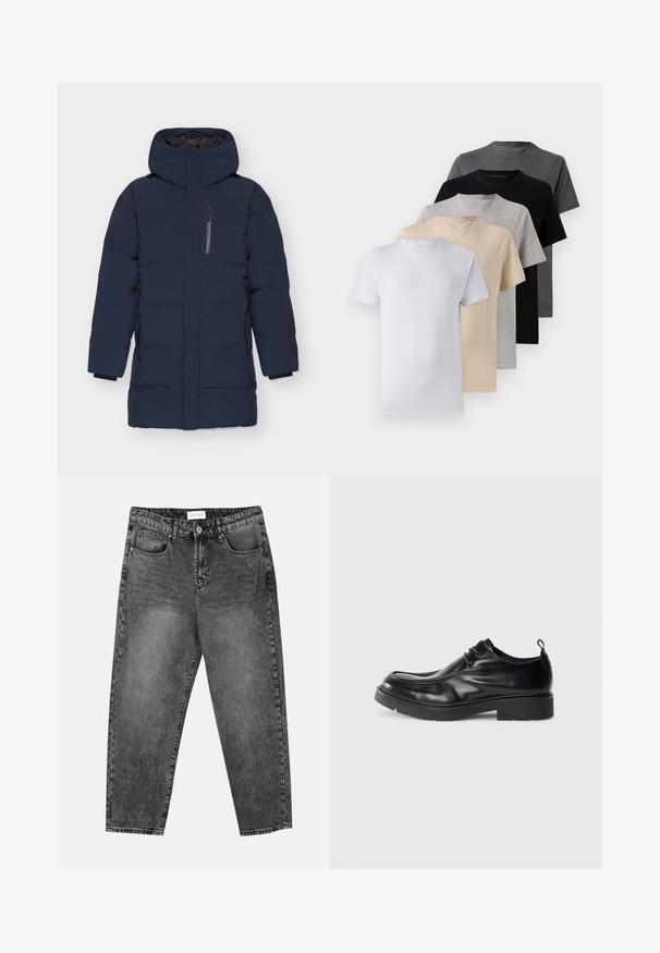 Casaco puffer azul-marinho com gola alta e capuz fixo. Apresenta um bolso vertical com fecho e punhos elásticos. Textura suave e acolchoada.; Conjunto de cinco t-shirts de manga curta nas cores branco, bege, cinza claro, cinza escuro e preto. Feitas de algodão suave, com design de gola redonda.; Jean straight-leg preto deslavado com bolsos frontais e traseiros, passantes para cinto e fecho de botão na cintura.; Sapatilha de pele preta com bico arredondado, frente com atacadores e uma costura decorativa. Apresenta uma sola de borracha grossa e texturizada e um tab de calcanhar.