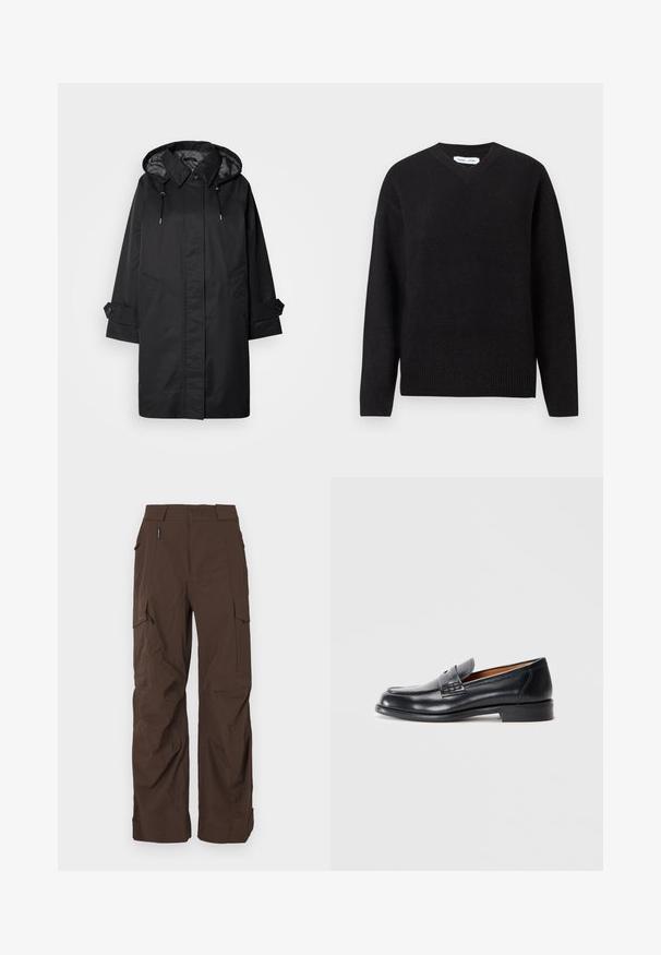 Black waterproof coat with a hood, adjustable drawstrings, two front pockets, and buttoned cuff details. Smooth texture and straight silhouette.; Black v-neck sweater in a soft, wool blend, featuring long sleeves and ribbed cuffs and hem. Simple, classic design without patterns or accents.; Short-sleeve polo sweater in grey wool, featuring a dark grey diamond pattern and white stitching accents. Classic collar with buttons.; Brown cargo pants with a straight cut, made from a durable fabric. Features multiple pockets and a secure waistband design.; Black leather loafer with a rounded toe, stitched detailing, and a smooth texture. Features a low heel and slip-on design.
