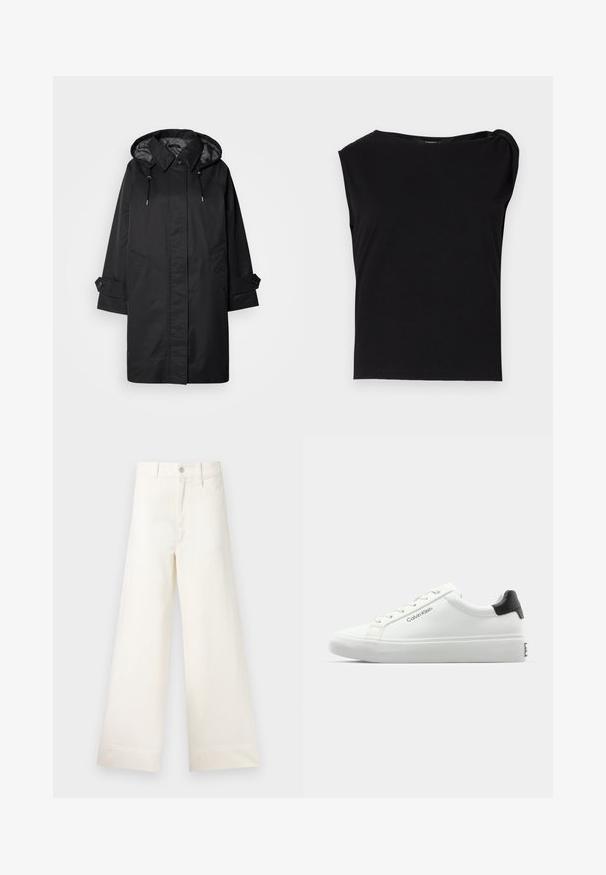 Fekete vízálló kabát kapucnival, állítható zsinórokkal, két elülső zsebbel és gombos mandzsettagyűrűkkel. Simább felület és egyenes sziluett.; Fekete, rövid ujjú felső, sima anyagból készült. Kerek nyakkivágással és redőzött részletekkel a vállon. Egyszerű, szoros fazon.; Világos bézs pamut széles lábú nadrág. Magas derék, elülső zsebek és egyenes vonalú fazon jellemzi. Tiszta, mintázat nélküli hem befejezés.; Fehér sneaker sima felülettel, fekete sarok akcentussal és fűzős dizájnnal. Oldalán "Calvin Klein" márkázás található. Minimalista stílus.