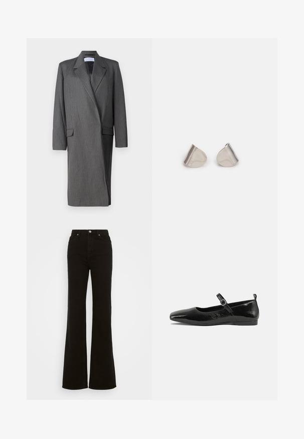 Šedý pruhovaný dlhý blejzer s reverzami, dlhými rukávmi a dvojradovým zapínaním. Textúrovaná tkanina s priliehavou siluetou.; Čierny bezrukávový top s rovnou výstrihom, predným zapínaním a dvoma skrytými bočnými vreckami. Hladká látka s prispôsobeným strihom.; Čierne riflové nohavice s vysokým pásom a rozšírenými nohavicami, s gombíkovým zapínaním, bočnými vreckami a hladkou textúrou.; Čierne lakované baleríny s špicatou špičkou, remienkom na členku so sponou a hladkým, lesklým povrchom. Nízky podpätok pre pohodlie.; Strieborné kovové náušnice s hladkým tvarom kvapky a lesklým povrchom. Jemné rytiny pridávajú detail. Minimalistický dizajn.