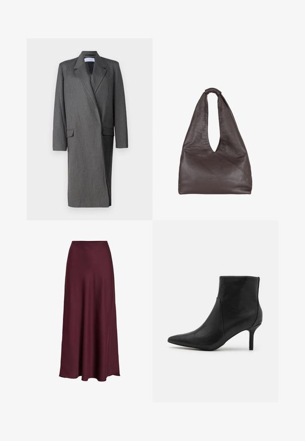 Gray pinstriped long blazer with notched lapels, long sleeves, and a double-breasted front. Textured fabric with a tailored silhouette.; White short-sleeve t-shirt made of cotton with a round neckline and a relaxed fit. Smooth texture and no visible patterns or embellishments.; Burgundy satin maxi skirt with a smooth texture, high waist, and a flowing silhouette that flares out gently towards the hemline.; Anna Field Ankle boots - black; Brown leather bag with a slouchy, oversized design. Features a loop handle and a deep V-cut opening for easy access. Soft texture, minimalist style.