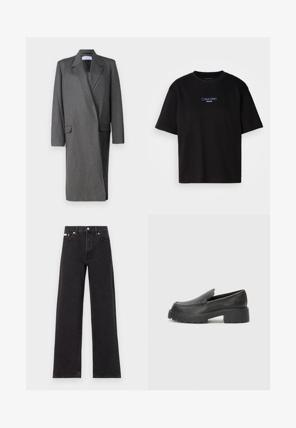 Halli halliga halli pinstripe pikk bleiser avatud kraega, pikkade varrukatega ja topelt nööpidega esiosa. Tekstuuriga kangas koos kohandatud siluetiga.; Mustmust särk ümmarguse kaelusega, lühikeste varrukatega ja sinise tikandiga "Calvin Klein JEANS" logo ees.; Mustad laiad mustad teksad, millel on kõrge vöökoht, viie tasku stiil ja metallist nööpkinnitus kontrastsete õmblustega.; Mustad nahast loafers ümarate varvastega, paksu tekstuuriga tald ja minimaalsete õmbluse detailidega. Viimistletud disain, kus pole nähtavaid paelu ega riistu.