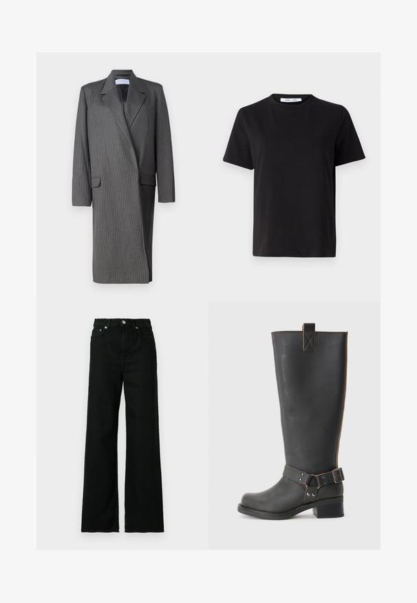 Gray pinstriped long blazer with notched lapels, long sleeves, and a double-breasted front. Textured fabric with a tailored silhouette.; Black short-sleeve t-shirt made of soft cotton, featuring a round neckline, relaxed fit, and a smooth texture. No visible patterns or graphics.; Black denim jeans with a high waist, wide-leg cut, featuring a front button and zip closure, and classic five-pocket design.; Black leather knee-high boot with a textured finish, featuring a side buckle accent and a low heel. Detailed stitching along the seams.