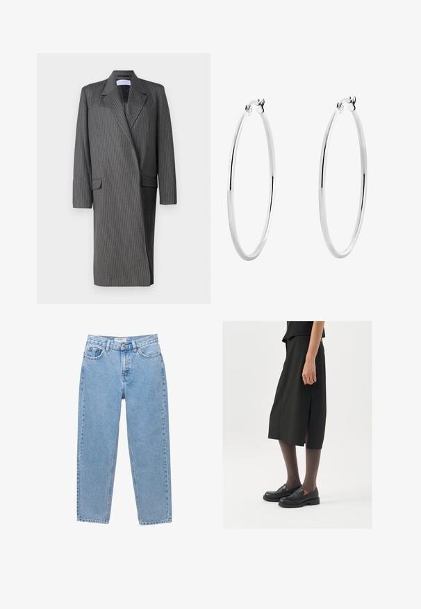 Grijze pinstripe lange blazer met notch-lapels, lange mouwen en een dubbelgeknopte voorkant. Getextureerde stof met een getailleerd silhouet.; Langermige top met een hoge hals, voorzien van een zwart-wit zebra print ontwerp op doorschijnende stof. Gerimpelde accenten bij de halslijn en mouwen.; Lichtblauwe denim jeans met een rechte pijp design, vijf zakken en een knoopsluiting. Heeft subtiele vervaging en een klassieke uitstraling.; Zwarte knielange rok met zijsplit, gecombineerd met zwarte loafers en doorzichtige bruine panty's, met een mooie stof en een eenvoudig ontwerp.; Zilveren oorringen met een gladde, gepolijste oppervlakte en een dunne, ronde vorm. Het ontwerp heeft een veilige sluiting.
