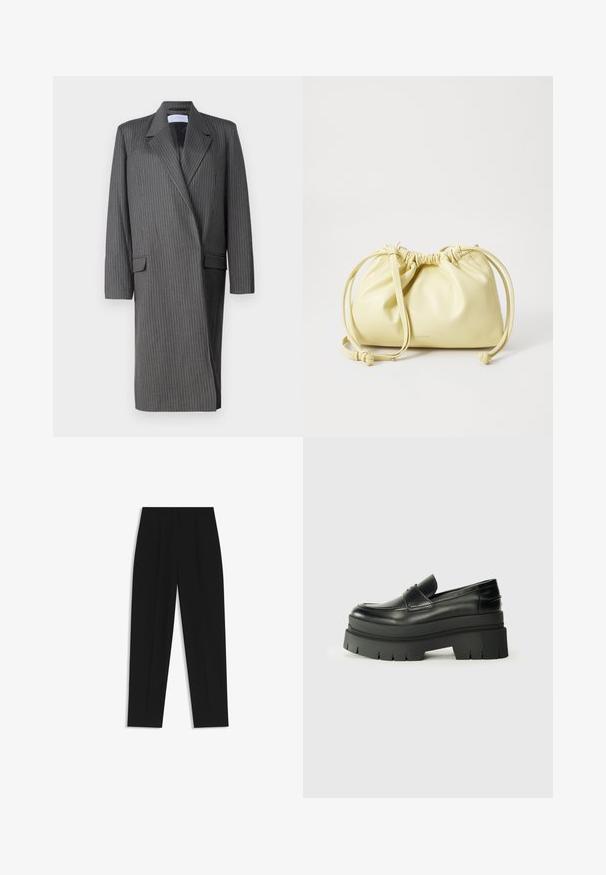 Harmaan raitaneuleinen pitkä bleiseri, jossa on viisto kaulus, pitkät hihat ja kaksoisnappikiinnitys. Rakenteellinen kangas ja muotoiltu siluetti.; Valkoinen ylisuuri t-paita, joka on valmistettu pehmeästä kankaasta, jossa on pyöreä kaula-aukko ja lyhyet hihat. Etupuolella on pieni musta "Boss"-logo.; Mustat housut suoran istuvuuden kanssa, joissa on kaksinkertaiset laskokset, sileä pinta ja klassinen vyötärönauhan muotoilu. Ei näkyviä metalliosia tai koristeita.; Musta nahkakengät, joissa on muhkea pohja. Pyöristetty kärki, etusauman yksityiskohtia ja hienovaraisia ompeluaksentteja. Littee, kuvioitu ulkopohja.; Keltainen nahkainen laukku kerätty muotoilu, säädettävä nyöri suljenta ja yksi pitkä olkahihna. Vähäinen brändäys pohjassa.