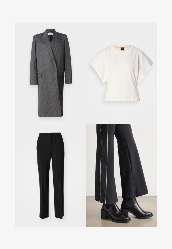 Halli halliga halli pinstripe pikk bleiser avatud kraega, pikkade varrukatega ja topelt nööpidega esiosa. Tekstuuriga kangas koos kohandatud siluetiga.; Valge lühikeste laiadte varrukatega lühike T-särk, pehme puuvillane materjal, ümar kaelus kergelt oranži ääristusega, minimaalne disain, ilma mustrite ja graafikateta.; Mustad ja sirged püksid, millel on sile tekstuur ja teravad voldid esiosas. Ilma nähtavate detailideta.; Mustad nahast pahklu_bootid, millel on ploki konts ja elastsed külgpaneelid. Kombineeritud mustade pükstega, millel on valge küljeriba.