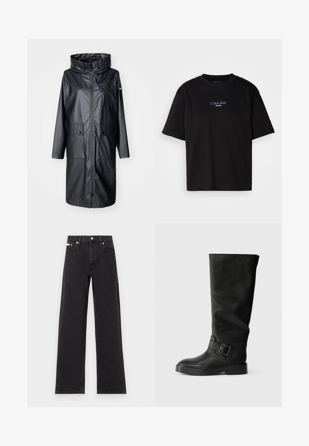 Black waterproof coat with a high collar, front zip, and two flap pockets. Made of smooth, shiny material, featuring a relaxed fit.; Black cotton t-shirt with a round neck, short sleeves, and blue embroidered "Calvin Klein JEANS" logo on the front.; Black wide-leg jeans made of denim, featuring a high-rise waist, five-pocket styling, and a metal button closure with contrasting stitching.; Black knee-high boots made of smooth leather, featuring a rounded toe, a thick sole, and a horizontal strap with a rectangular buckle detail.