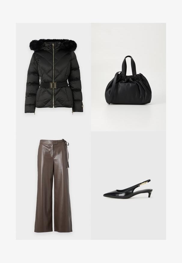 Zwarte gewatteerde pufferjack met een ritssluiting aan de voorkant, een ceintuur in de taille, een capuchon met bontafwerking en ritssluitingen op de lange mouwen.; Witte langlopende V-hals cropped shirt met een fitted design en brede manchetten, getoond tegen een effen achtergrond.; Bordeaux faux leren wijdere schoenen met hoge taille en zijstrikdetail op een witte achtergrond.; Zwarte leren slingback hakken met een spitse neus, voorzien van een slanke hak en een goudkleurige accent op de verstelbare band. Gladde textuur.; Zwarte leren handtas met een geplooid ontwerp aan de bovenkant, voorzien van twee korte handvatten en een lange verstelbare schouderband. Gladde textuur, ronde vorm.