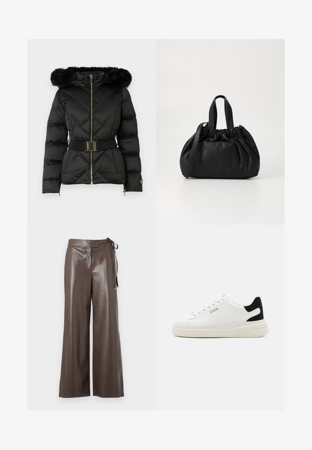 Črno puhovko s kvadratnim vzorcem, sprednjim zadrgo, pasom, kapuco s krznom in zadrgo na manšetah dolgih rokavov.; Bela dolga majica s V-izrezom in krojem, ki se prilega, z širokimi manšetami, prikazana na enobarvni ozadju.; Rjave široke hlače iz umetnega usnja z visokim pasom in stranskim zavezovanjem na belem ozadju.; Bele usnjene športne copate z debelim belim podplatom, črnimi semišnimi detajli na peti in utisnjenim logotipom na strani. Zavezovanje s šestimi luknjicami.; Črna usnjena torbica z zloženim zgornjim dizajnom, opremljena z dvema kratkima ročkama in dolgo nastavljivo naramnico. Gladka tekstura, okrogla oblika.