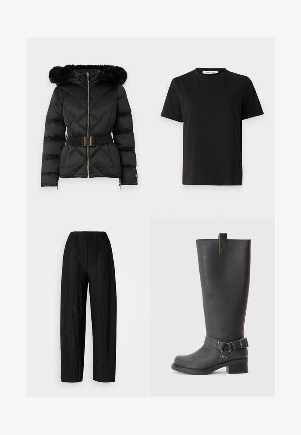 Must ruudeline puffer jakk musta, ees nupudega, vööga talje, karvadega ääristatud kapuuts ja pikadel varrukatel lukuga mansetid.; Must have lühikeste varrukatega t-särk, mis on valmistatud pehmest puuvillast, ümmarguse kaelusega, lõdva sobivusega ja sileda tekstuuriga. Ei ole nähtavaid mustreid ega graafikat.; Mustad voodri laiad püksid elastse vöökoha ja vertikaalsete volangidega, millel on sile tekstuur.; Mustast nahkast kuni põlvede kõrgune saabas tekstureeritud viimistlusega, külgedel on pandlaaktsent ja madal konts. Õmbluste juures on detailne tikand.