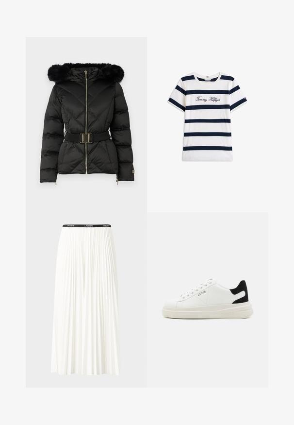 Black quilted puffer jacket with front zipper, belted waist, fur-trimmed hood, and zippered cuffs on long sleeves.; Cotton T-shirt with horizontal navy stripes on a white background. "Tommy Hilfiger" embroidered in cursive on the chest. Crew neckline.; Pleated white skirt with a black elastic waistband featuring the "LACOSTE" logo. Mid-length design with soft texture.; White leather sneakers with a thick white sole, black suede heel accent, and embossed logo on the side. Laced design with six eyelets.