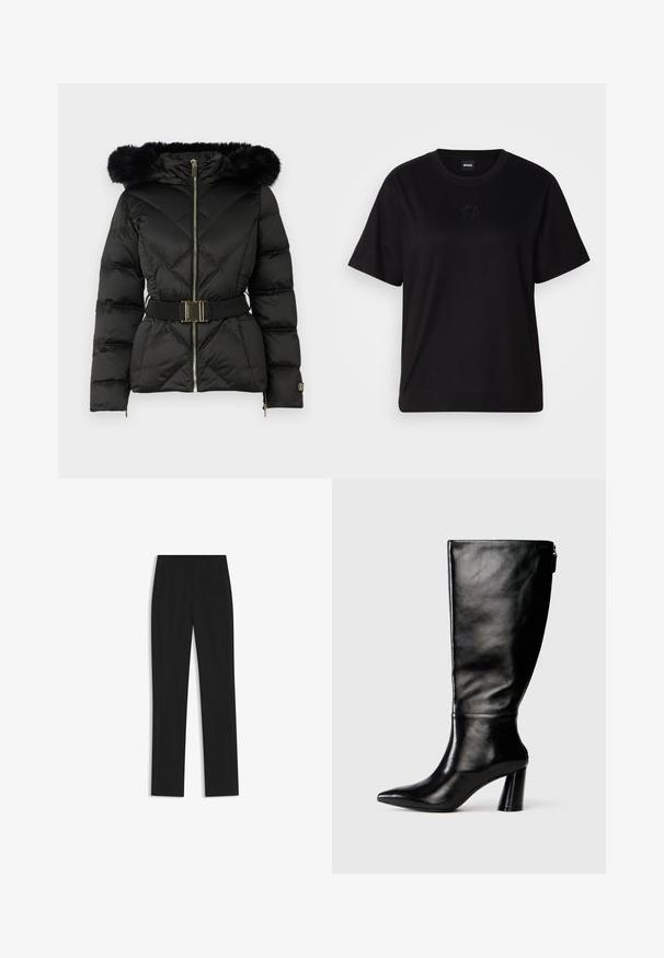 Black quilted puffer jacket with front zipper, belted waist, fur-trimmed hood, and zippered cuffs on long sleeves.; Black cotton t-shirt with a crew neckline, short sleeves, and an embroidered logo on the chest. Simple, relaxed fit with no patterns.; Black tailored trousers with a straight-leg design, featuring front pockets and a smooth, textured fabric. Neat, minimal detailing.; Knee-high black leather boot with a pointed toe, smooth texture, and a chunky heel. Features a zipper detail at the back.