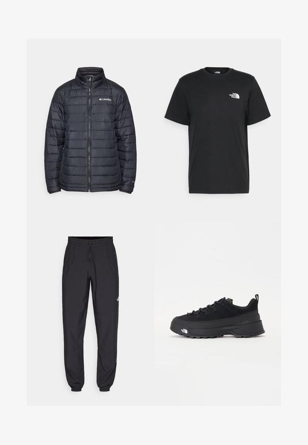 Giacca a vento nera con collo alto, chiusura con zip frontale e design a quadri orizzontali. Presenta un logo Columbia sul lato sinistro del petto.; T-shirt nera in cotone con maniche corte, colletto a giro, e un piccolo logo bianco sul lato sinistro del petto. Design semplice, texture liscia e vestibilità rilassata.; Pantaloni sportivi neri realizzati in tessuto leggero, con vita regolabile con cordino, tasche laterali e orli affusolati alle caviglie.; Sneaker da esterno nera con parte superiore in suede, suola in gomma testurizzata e robusto sistema di allacciatura. Presenta un tallone rinforzato e il logo del marchio sul lato.