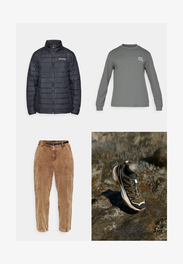 Black puffer jacket with a high collar, zippered front, and horizontal quilted design. Features a Columbia logo on the left chest.; Long-sleeve shirt in gray fabric, featuring a crew neck and a white graphic logo on the left chest. Smooth texture and simple design.; Brown corduroy pants with a textured surface, featuring a black adjustable belt, side pockets, and a relaxed fit. Pants taper toward the ankles.; Hiking shoe in olive green and black with pink accents. Features a textured upper, flexible sole, reinforced toe cap, and colorful lacing system.