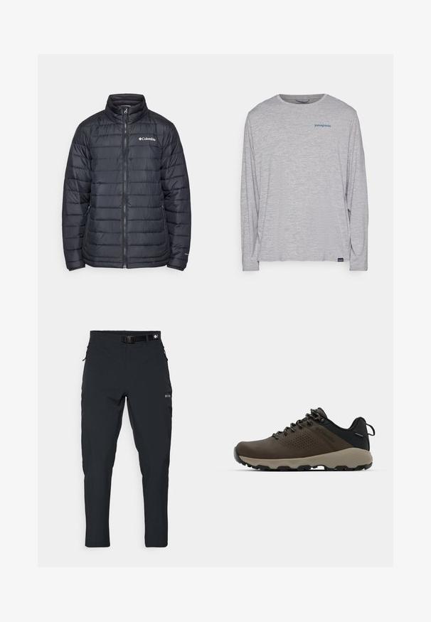 Melna pūkaina jaka ar augstu apkakli, ar rāvējslēdzēju priekšpusi un horizontālu quiltu dizainu. Uz kreisās krūtis ir Columbia logo.; Gaiši pelēks garām piedurknēm t-krekls, izgatavots no mīksta, teksturēta auduma. Ar apaļu izgriezumu un nelielu zilu Patagonia logotipu uz krūtīm.; Columbia ESSENTIAL HIKE™ PANT - Āra bikses - black; Brūni ūdensnecaurlaidīgi sporta apavi ar teksturētu virsu, perforētiem akcentiem, melnu papēža atbalstu un pelēku gumijas zoli. Šņores veidotas ar metāliskiem galiem.