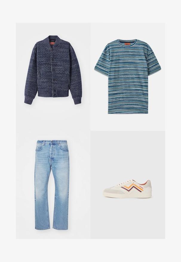 Navy blue knitted cardigan with a herringbone pattern, ribbed collar, cuffs, and hem. Features black buttons down the front.; Short-sleeve t-shirt in blue tones with horizontal striped pattern. Made of soft fabric, features a crew neckline and textured design.; Light blue denim jeans with a straight leg design. Features subtle fading, a button closure, and five-pocket styling with a classic waistband.; Suede sneakers in light gray with zigzag stripes in orange, maroon, and cream. Rubber sole, round toe, and eyelet lacing. Logo on side.