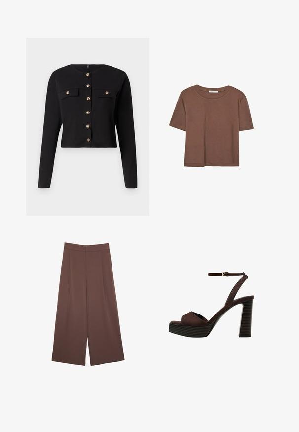 Čierna skrátená bunda s dlhými rukávmi, okrúhlym výstrihom, zlatými gombíkmi a dvoma prednými vreckami so záklopkami. Hladká textúra látky.; Hnedé tričko s krátkym rukávom vyrobené z jemného materiálu, s okrúhlym výstrihom a voľným strihom. Žiadne viditeľné vzory ani akcenty.; Hnedé nohavice so širokými nohavicami a hladkou textúrou, s vysokým pásom a prednými skladmi. Tkanina je ľahká a voľne sa pohybuje.; Hnedé semišové sandále na vysokom podpätku s otvorenou špičkou, nastaviteľným členkovým remienkom a pruhovanou platformovou podrážkou.