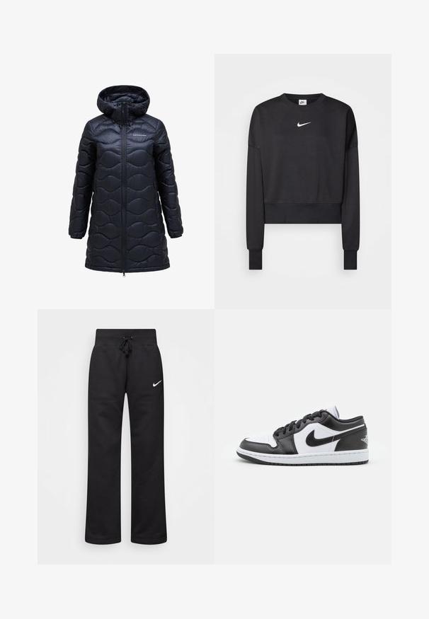 Zwarte geïsoleerde pufferjas met capuchon, met een golfpatroon, een rits aan de voorkant en een knielange uitstraling. Gemaakt van glanzende, gladde stof.; Zwarte cropped sweatshirt van een katoenmix, met een ronde halslijn, lange mouwen en een wit Nike-logo op de borst.; Zwarte sweatpants van een katoenmix, voorzien van een tailleband met koord, rechte pijpen, en een wit Nike-logo aan de linkerzijde.; Zwart-witte Nike lage sneakers hebben een glad leren bovenwerk, een ronde neus, vetersluiting en een gestippelde rubberen zool.
