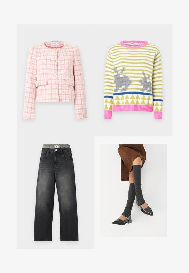 Pink and white tweed jacket with a structured design, round neckline, golden buttons, and two front pockets. Textured pattern with a grid design.; Knit sweater featuring green and white stripes, gray rabbit motifs, blue geometric band, and a pink ribbed collar and hem. Soft texture.; Black denim wide-leg jeans with a houndstooth patterned waistband. Features include front pockets and a button closure. Distressed texture.; Black patent leather pointed-toe shoes with a block heel and ankle strap, paired with gray ribbed leg warmers and a brown suede skirt.