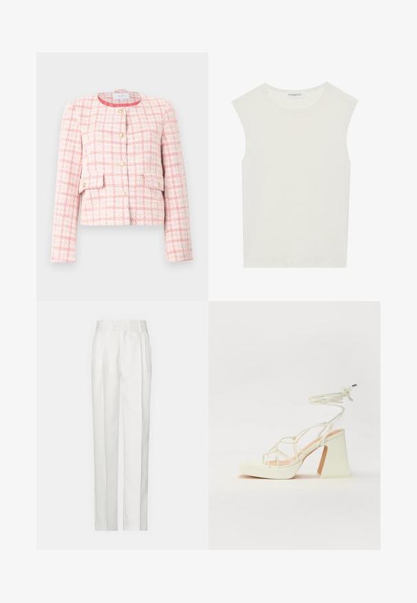 Casaco de tweed rosa e branco com um design estruturado, gola redonda, botões dourados e dois bolsos frontais. Padrão texturizado com um design em grelha.; Top branco sem mangas com decote redondo. Feito de um tecido liso, apresenta um corte descontraído e um design minimalista. Sem padrões ou detalhes.; Calças brancas com riscas verticais e um design de perna reta, feitas de um tecido leve. Apresentam pregas na frente e uma cintura tradicional.; Sandálias brancas de salto alto com um salto robusto, apresentando um design com tiras e amarração no tornozelo. Textura suave com uma plataforma na frente para altura adicional.