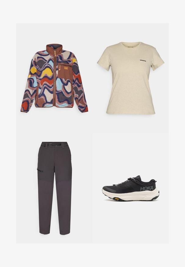 Patagonia SYNCH - Fleecejakke - multicolor; Beige Patagonia t-skjorte med kort erme og rund hals, med liten svart logo på venstre bryst, vist på en enkel bakgrunn.; Mørkegrå cargo-bukser laget av lett stoff, med et slitesterkt liv, front glidelås, og sidelomme med borrelåsflap.; Sorte joggesko med et pustende mesh-overdel, gummisåle, hvit dempemellomsåle og reflekterende lisser. Vibram-logo på sålen.