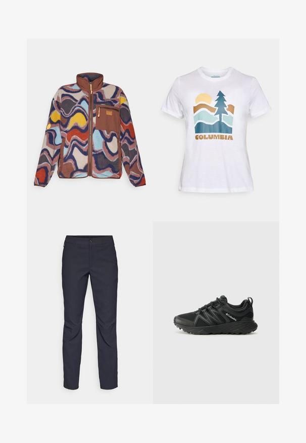 Patagonia SYNCH - Forro polar - multicolor; Camiseta blanca de manga corta con un gráfico de un sol, un árbol, montañas y la palabra "Columbia" en letras marrones en el frente.; Pantalones azul marino de tela suave, que presentan un cierre delantero con botón, un diseño ajustado y detalles con pliegues en las rodillas.; Columbia PEAKFREAK - Zapatillas de senderismo - black