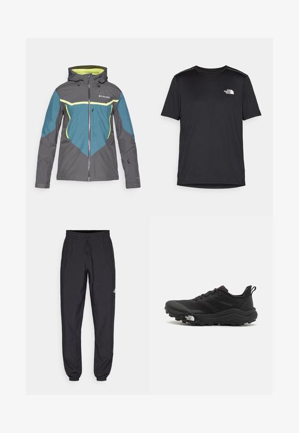 Giacca impermeabile grigia e teal con cappuccio, chiusura frontale con zip e dettagli gialli. Presenta multiple tasche con zip e polsini regolabili.; T-shirt nero a maniche corte realizzata in tessuto leggero. Presenta un piccolo logo bianco sul lato sinistro del petto e delicati dettagli sulle spalle.; Pantaloni sportivi neri realizzati in tessuto leggero, con vita regolabile con cordino, tasche laterali e orli affusolati alle caviglie.; Scarpa da trail running nera con tomaia texture, suola in gomma e punta rinforzata. Presenta un collare imbottito e un tassello per un indossamento facile.