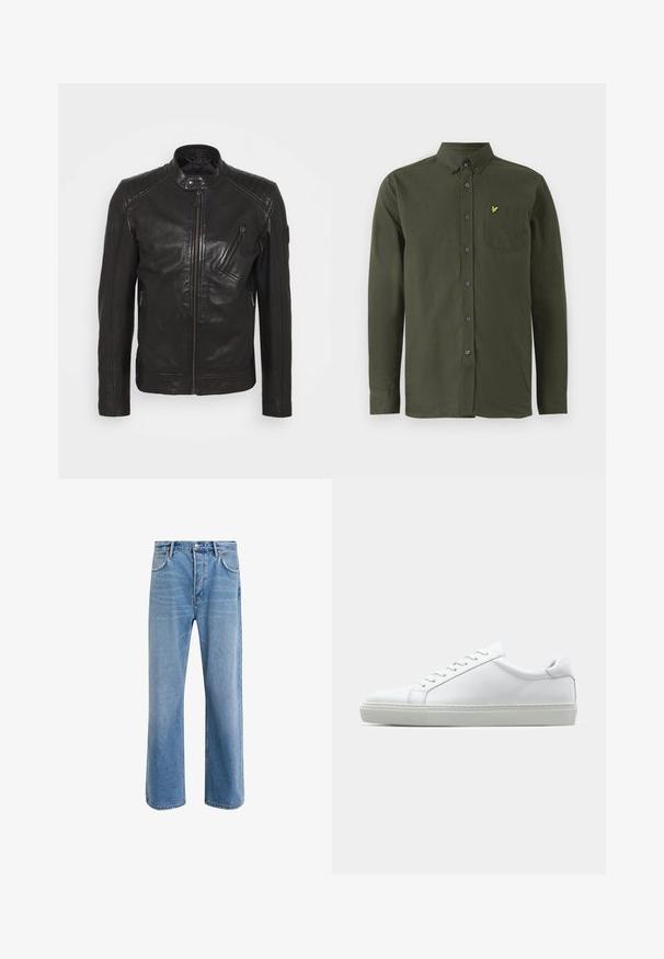 Fekete bőr motoros dzseki álló gallérral, steppelt vállrészletekkel, aszimmetrikus elülső cipzárral és két cipzáros zsebbel.; Sötétzöld, hosszú ujjú, gombos ing, gombolt gallérral, mellzsebvel, és egy kis sárga, hímzett madárlogóval a zseben.; Világoskék farmernadrág, egyenes szárú fazonnal, öt zsebbel, gombos záródással, minimális kopással és kontrasztos varrással.; Fehér sportcipő sima bőr felső résszel és alacsony profilsal. Kerek orr, hat fűzőlyuk és barázdált gumitalp jellemzi.