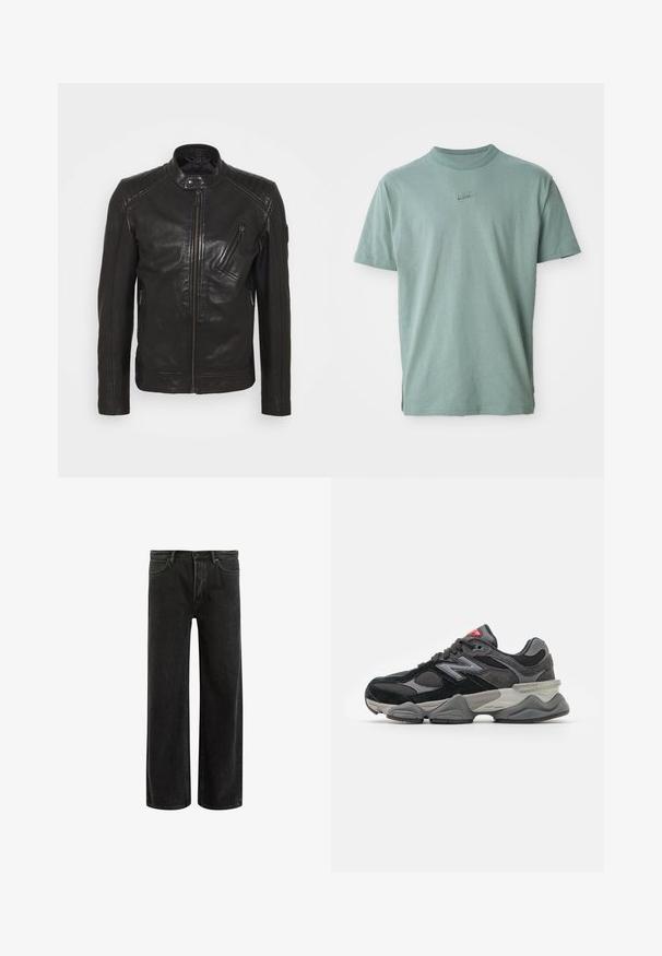 Zwarte leren motorjack met een staande kraag, gestikte schouderdetails, asymmetrische ritssluiting aan de voorkant en twee gezepte zakken.; Groene katoenen t-shirt met korte mouwen, geribbelde ronde hals en geborduurd Nike-logo op de borst. Soepele textuur en een ontspannen pasvorm.; Zwarte denims met wijde benen en een hoge taille, met een klassiek vijf zakken ontwerp en subtiele vervaging voor een textuur uitstraling.; Zwarte en grijze sneaker met een mix van suede en mesh materialen, dikke zool, opvallend logo en een rode accent op de tong.