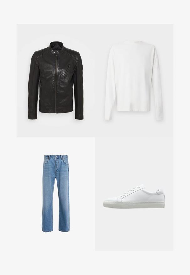 Melna ādas motokluba jaka ar paceltu apkakli, izšūti plecu detalējumi, asimetrisks priekšējais rāvējslēdzis un divas ar rāvējslēdzējiem aizveramas kabatas.; Garums piedurkņu baltā kokvilnas krekls ar apaļu dekoltē, sānu šķēlumiem apakšā un gludu tekstūru, redzams no aizmugures.; Gai zilas džinsu bikses ar taisnām kājām, piecām kabatām, pogu aizvēršanu, minimālu izbalēšanu un kontrastējošiem šuvju elementiem.; Baltie sporta apavi ar gludu ādas virsu un zemu profilu. Iezīmējas ar noapaļotu purngalu, sešām acīm un teksturētu gumijas zoli.