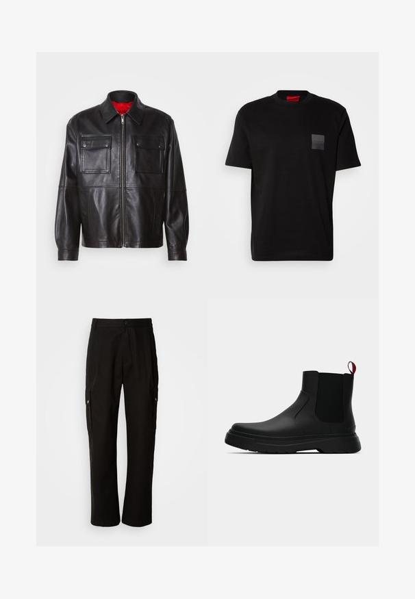 Fekete bőrdzseki elöl cipzárral, két mellzsebbel és piros bélésű belső résszel. Klasszikus gallérral és lazább szabással rendelkezik.; Fekete pamut póló kerek nyakkal, bal mellrészen textúrázott fekete folttal, amelyen logó látható. Rövid ujjak és laza fazon jellemzi.; Fekete vászont nadrág laza szabással, oldalsó zsebekkel, gombos záródással és egyenes lábakkal. Egyszerű minta nélküli design.; Fekete bokacipő sima felülettel, ruganyos oldalsó panelek és kontrasztos piros húzópánt jellemzi, vastag gumitalppal és lekerekített orral.
