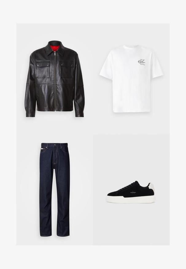 Melnā ādas jaka ar priekšējo rāvējslēdzēju, divām krūšu kabatām un sarkanu odere. Iezīmē klasisko apkakli un brīvu piegriezumu.; Balta kokvilnas T-krekls ar īsām piedurknēm, apaļo kaklu, ar melnu CK logotipu kreisajā krūšu zonā, standarta piegriezums, gluda tekstūra.; Tumši zilie džinsi ar taisnas kājas piegriezumu, ar pogu aizdari, pieciem kabatām un kontrastējošām aizšuvēm.; Melni zema profila sporta apavi ar baltu zoli un papēdi, ar šņorēm priekšpusē un Calvin Klein logo sānos.