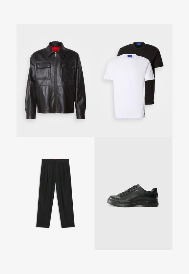 Giubbotto di pelle nera con zip frontale, due tasche sul petto e foderatura interna rossa. Presenta un colletto classico e una vestibilità rilassata.; Due magliette impilate: una bianca e una nera. Maniche corte, scollature rotonde, tessuto di cotone. Presentano un piccolo logo blu sul colletto.; Pantaloni neri con un design plissè, forma a gamba larga e texture liscia. Presentano un'etichetta rossa in vita.; Sneaker nera in pelle con superficie testurizzata, collo imbottito e dettaglio logo rosso. Presenta una suola in gomma spessa con un motivo di battistrada distintivo.