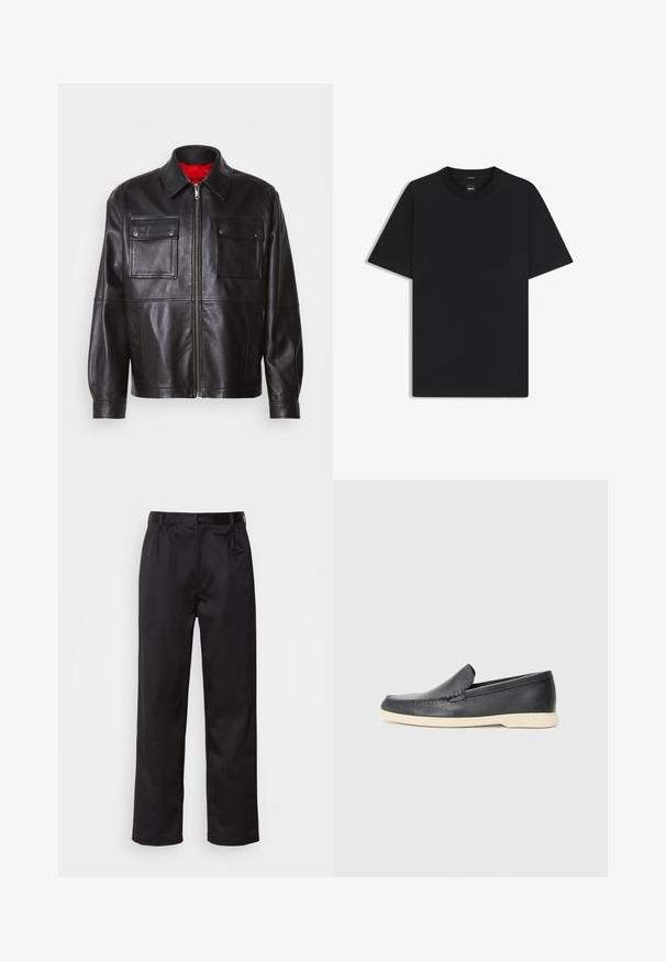 Sort læderjakke med lynlås foran, to brystlommer og rødt indvendigt foder. Har en klassisk krave og afslappet pasform.; Sort kortærmet T-shirt lavet af en glat bomuldsblanding, med en rund halsudskæring og et minimalistisk design uden mønstre eller accenter.; Sorte bukser lavet af glat stof, med frontknaplukning, pressefolder og lige ben. Ingen synlige mønstre eller accenter.; Sorte læder slip-on loafers med en struktureret overflade og en kontrasterende beige gummisål. Har en subtil detalje langs forsiden.