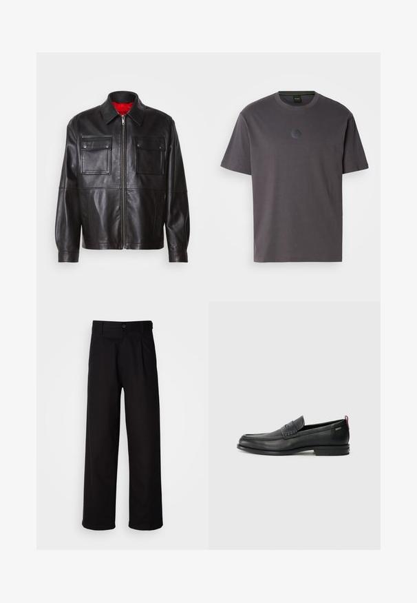 Črna usnjena jakna z sprednjim zaključkom na zadrgo, dvema prsoma žepoma in rdečim notranjim podlogom. Ima klasičen ovratnik in sproščen kroj.; Siva bombažna majica s kratkimi rokavi in klasičnim ovratnikom. Ima teksturiran heksagonalni logotip na prsih. Preprost, sproščen dizajn.; Črne hlače iz gladkega blaga, s straight-leg obliko, sprednjimi pregibi in enim gumbom za zapiranje v pasu.; Črne usnjene loafer čevlje z teksturiranim sprednjim delom in gladkimi stranmi. Imajo ozko peto in zadnji zanko za enostavno obuvanje. Klasična zasnova.