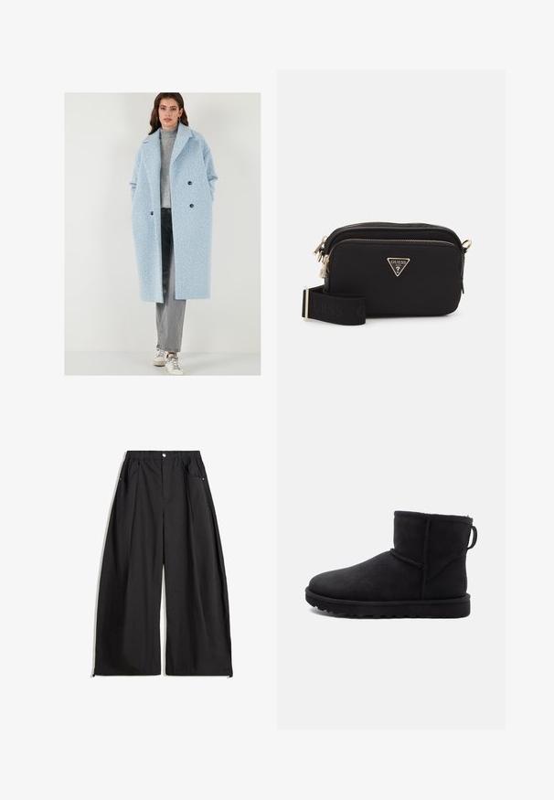 Világoskék, hosszú kabát, textúrált felülettel, nagy hajtókákkal, dupla gombolású záródással és oldzsebekkel, szürke garbóval és farmernadrággal párosítva.; Szürke, rövidített kapucnis pulóver puha anyagból, elülső grafikával, piros és fekete szöveggel. Kapucnival és bordázott ujjak végével készült.; Fekete, bő szárú nadrág, magas derékkal, amely redőkkel, elülső gombzárral és két oldalsó zsebbel rendelkezik. Strukturált anyagból készült.; Fekete nubuk bokacsizma kerek orral, birkával bélelt béléssel és lapos gumitalppal. Oldalsó varrással és hátsó húzófüllel rendelkezik.; Fekete nylon keresztpántos táska arany háromszöglogóval, cipzáras záródással, és széles állítható pánttal, amelyen a "GUESS" szó fekete színben szerepel.