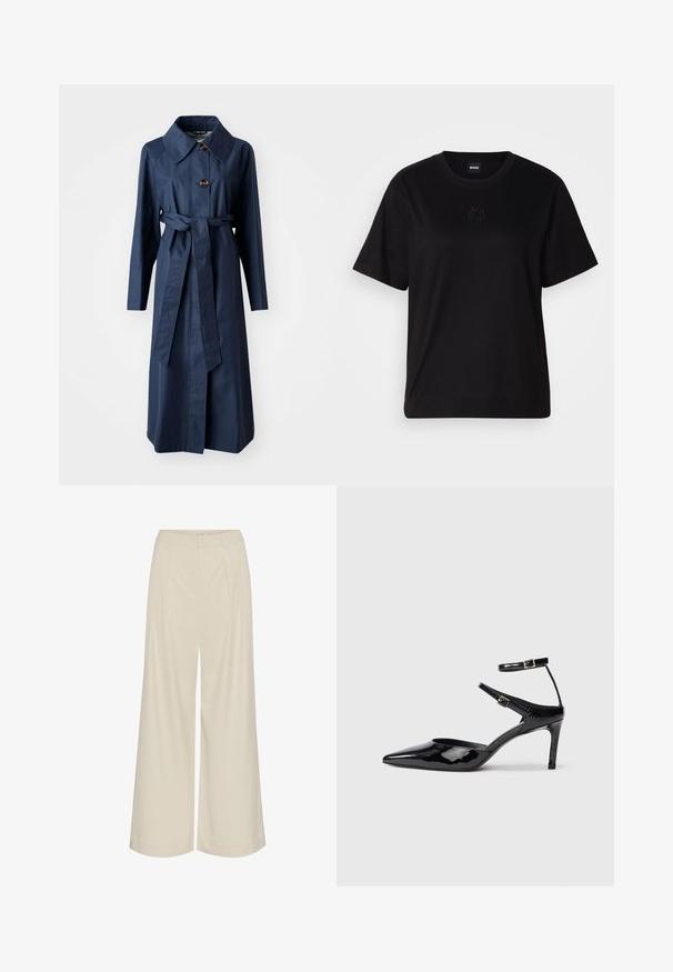 Tumesinine pikk mantel, mis on valmistatud siledast kangast, laia kraega, ees nööbid ja vööga talje, küljetaskud.; Mustmust särk, millel on ümar kaelus, lühikesed varrukad ja tindiga tikitud logo rinnal. Lihtne, mugav lõige ilma mustriteta.; Laia jalad kerge beeži kangaga, millel on voldid, kõrge vöökoht ja sile tekstuur ilma nähtavate kaunistusteta.; Mustad nahast mustad kontsad terava ninaga, reguleeritavate pahkluu rihmade ja õhukese kontsaga. Sile tekstuur läikiva viimistlusega.