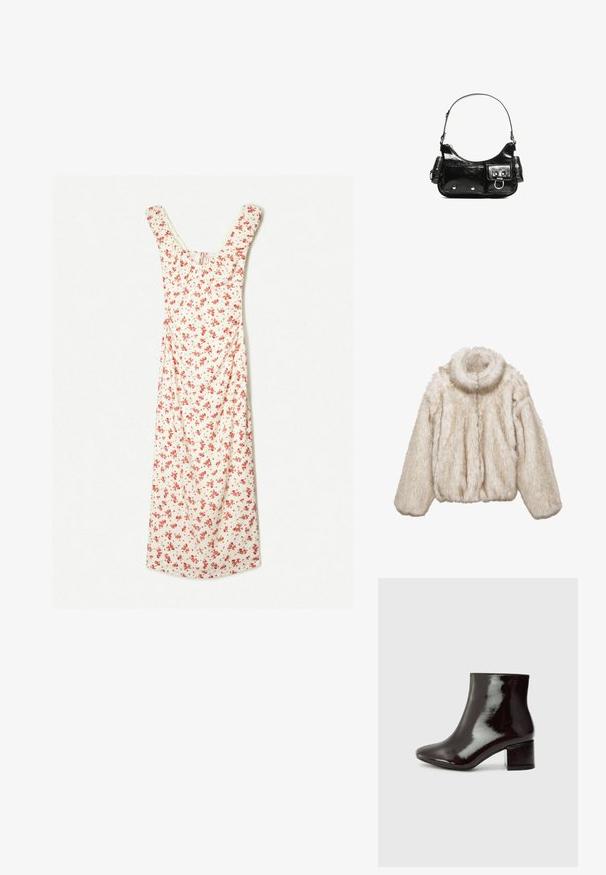 Bézs színű műszőrme rövidített dzseki. Magas nyakkal, bő szabással és texturált, bolyhos anyagból készült. Elöl cipzáras záródás.; Krém színű, piros virágos midi ruha, mély kivágással és rövid ujjal. Puha anyag, amely áramló A-vonalú szabást kínál.; Fekete lakkbőr bokacsizma hegyes orral és vastag sarokkal. Simás textúra finom fényű, letisztult vonalakkal, minimalista design.; Fekete lakkbőr kézitáska ívelt formával, egy vállpánttal, elülső zsebekkel és ezüstszínű fémrészletekkel.