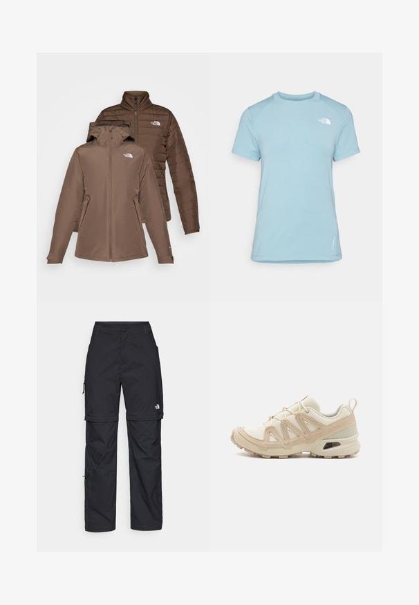 Duas jaquetas castanhas empilhadas; uma com capuz e fecho éclair na frente, a outra é acolchoada e volumosa. Ambas apresentam logótipos no peito e bolsos com fecho éclair.; T-shirt azul claro de manga curta com gola redonda. Apresenta um tecido suave, mangas raglan e um logo branco no canto superior esquerdo do peito.; Calças cargo pretas em nylon com fechos de correr removíveis, punhos ajustáveis, múltiplos bolsos e um logótipo na perna direita. Textura suave e leve.; Sapatilha atlética beige e creme com parte superior em malha texturizada, sobreposições de suporte e sola de borracha com um padrão de cravo para tração.