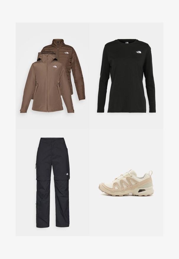 To brune jakker stablet oppå hverandre; den ene med hette og glidelås foran, den andre puffy med quilting. Begge har logoer på brystet og glidelåslommer.; Svart langermet T-skjorte laget av bomull med rund hals. Har en liten hvit logo på venstre brystområde. Enkelt design og passform.; Svarte nylon cargo-bukser med glidelås og justerbare mansjetter, flere lommer og en logo på høyre bein. Glatt, lett tekstur.; Beige og krem joggesko med teksturert mesh-overdel, støttende overlegg og gummisåle med et mønster for godt grep.