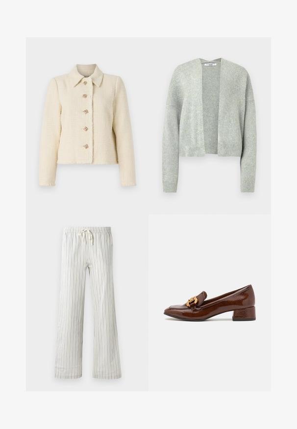 Kreminė tweed striukė su apykakle, penkiais dekoratyviais kvadratiniais mygtukais ir pluošteliais kraštais tekstūrai.; Šviesiai pilkas megztinis su atviru priekiu, nuleistais pečiais ir raštuotomis rankogaliais. Minkštas audinys su švelniu melange raštu.; Trys tankų marškinėliai mėtų žalsvos, juodos ir smėlio spalvos; pagaminti iš raiboto audinio, su apvaliu iškirpimu ir be rankovių. Matoma prekės ženklo etiketė.; Balti raišteliais kelnių su plonomis vertikaliomis mėlynomis juostelėmis ir elastingu juosmeniu, pateikti iš priekio ant vientiso fono.; Rudos odinės loafer'iai su blizgiu paviršiumi, dėlionis auksinis užsegimas priekyje ir žemas blokinis kulnas. Klasikinis dizainas.