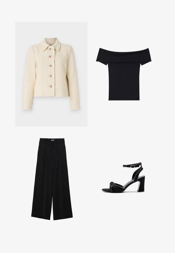 Krämfärgad tweedjacka med krage, fem dekorativa fyrkantiga knappar och fransade kanter för textur.; Svart off-shoulder topp tillverkad av mjukt stretchigt material. Har korta ärmar och en åtsittande siluett. Enkel, sömlös design.; Svarta vida byxor med texturerad tyg, elastisk midja och en avtagbar käppknut i midjan för justerbar passform.; Svarta mocka klacksandaler med bred blockklack, justerbart ankarsnöre, öppen tå-design och kontrasterande sömnadsdetaljer.