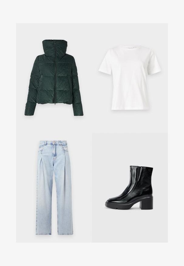 Green puffer jacket with a shiny texture, zippered front, and a hood. Features horizontal quilting and snap-button accents on pockets.; White cotton t-shirt with short sleeves, round neckline, and a relaxed fit. Smooth texture, no patterns or accents, minimalistic design.; Light blue denim jeans with a high waist, wide-leg cut, two side pockets, and pleated design feature. Soft texture with a faded finish.; Black patent leather ankle boots with a curved toe, elastic side panels, and a chunky block heel. Features embossed logo on the back.