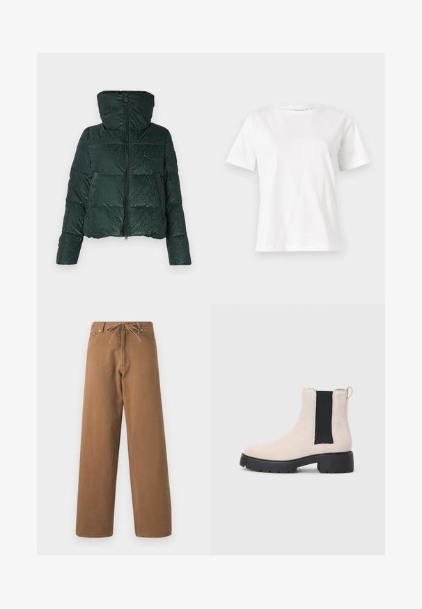 Giacca puffer verde con una texture lucida, chiusura con zip nella parte anteriore e cappuccio. Presenta un trapuntato orizzontale e dettagli con bottoni a pressione sulle tasche.; T-shirt bianca in cotone con maniche corte, scollatura rotonda e vestibilità rilassata. Struttura liscia, senza motivi né accenti, design minimalista.; Pantaloni larghi marroni in cotone, con vita elasticizzata e due tasche frontali. Tessuto strutturato con una finitura liscia.; Stivale Chelsea in suede beige con pannello laterale elastico nero, suola nera spessa e linguetta alla caviglia.