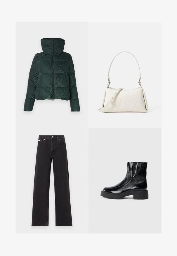 Grön puffjacka med en glänsande yta, dragkedja framtill och huva. Har horisontell quiltning och tryckknappsdetaljer på fickorna.; Svart bomulls T-shirt med rund nacke, korta ärmar och blå broderad "Calvin Klein JEANS" logotyp på framsidan.; Svarta vida jeans i denim med hög midja, fem fickor och metallknappstängning med kontrasterande sömmar.; Svarta anklar stövlar med en glänsande lackläderfinish, kraftig svart gummisula och upphöjd klack; inkluderar subtil logotypdetalj på sidan.; Vit handväska med slät textur, kurvad silhuett och justerbar axelrem. Har subtilt logomönster och silverfärgade detaljer.