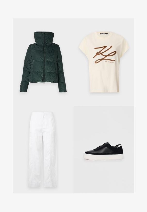 Zelená puferová bunda so lesklou textúrou, so zipsom vpredu a kapucňou. Obsahuje horizontálne prešívanie a akcenty s cvokmi na vreckách.; Krémové bavlnené tričko s krátkymi rukávmi, na prednej strane s hnedou vyšitou šedou nášivkou a nápisom.; Biele široké nohavice z ľahkej látky, s hladkou textúrou, čistými líniami a vysokým pásom.; Čierne tenisky s hladkou kožou a semišovými panelmi, plochými šnúrkami, zaoblenou špičkou a bielou gumovou podrážkou. Výrazné logo na päte.