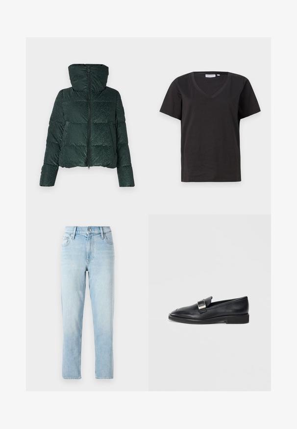 Giacca puffer verde con una texture lucida, chiusura con zip nella parte anteriore e cappuccio. Presenta un trapuntato orizzontale e dettagli con bottoni a pressione sulle tasche.; T-shirt in cotone nero con scollo a V e maniche corte. Design semplice con vestibilità regolare, senza motivi o dettagli.; Jeans in denim azzurro chiaro, design a gamba dritta, vita media, con cinque tasche e chiusura con bottone davanti.; Mocassino in pelle nera con una fibbia rettangolare argento sulla parte superiore e un tacco basso su uno sfondo bianco.